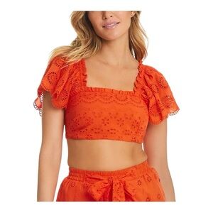 Red Carter Eyelet Puff Sleeve Crop Top Swim Cover-Up NWT